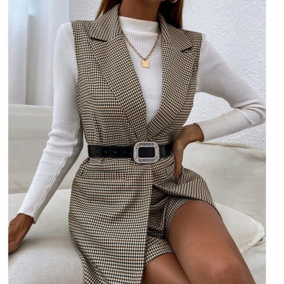 plaid single button waistcoat & shorts set classy chic business casual trending - Picture 1 of 7